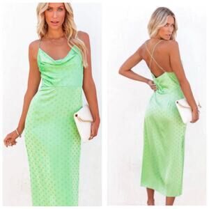 Vici Afternoons in Bordeaux Lime Green Polka Dot Satin Slip Midi Dress Small